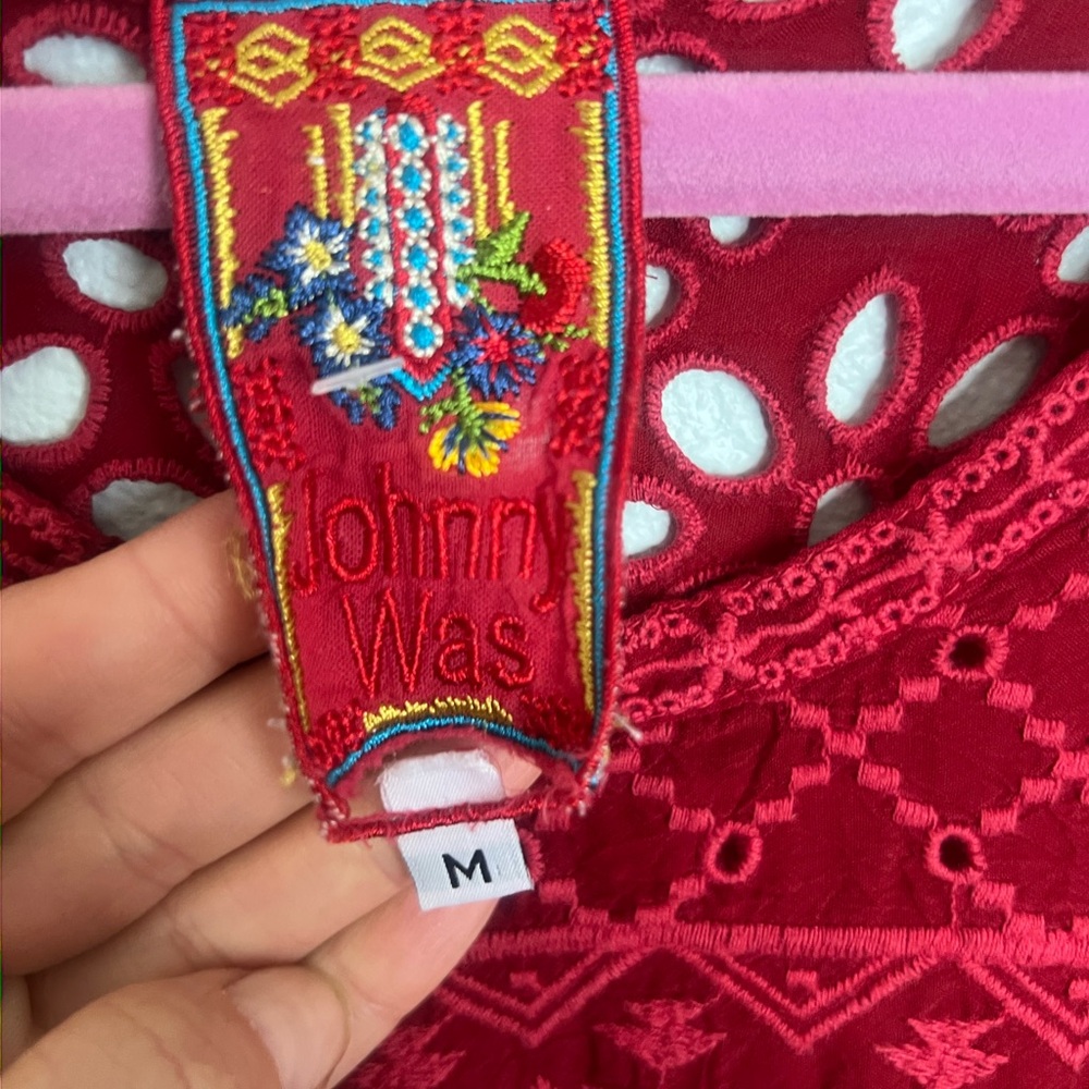 Johnny Was Red Embroidered Eyelet Blouse Boho Tunic Short Sleeve M - Picture 4 of 4